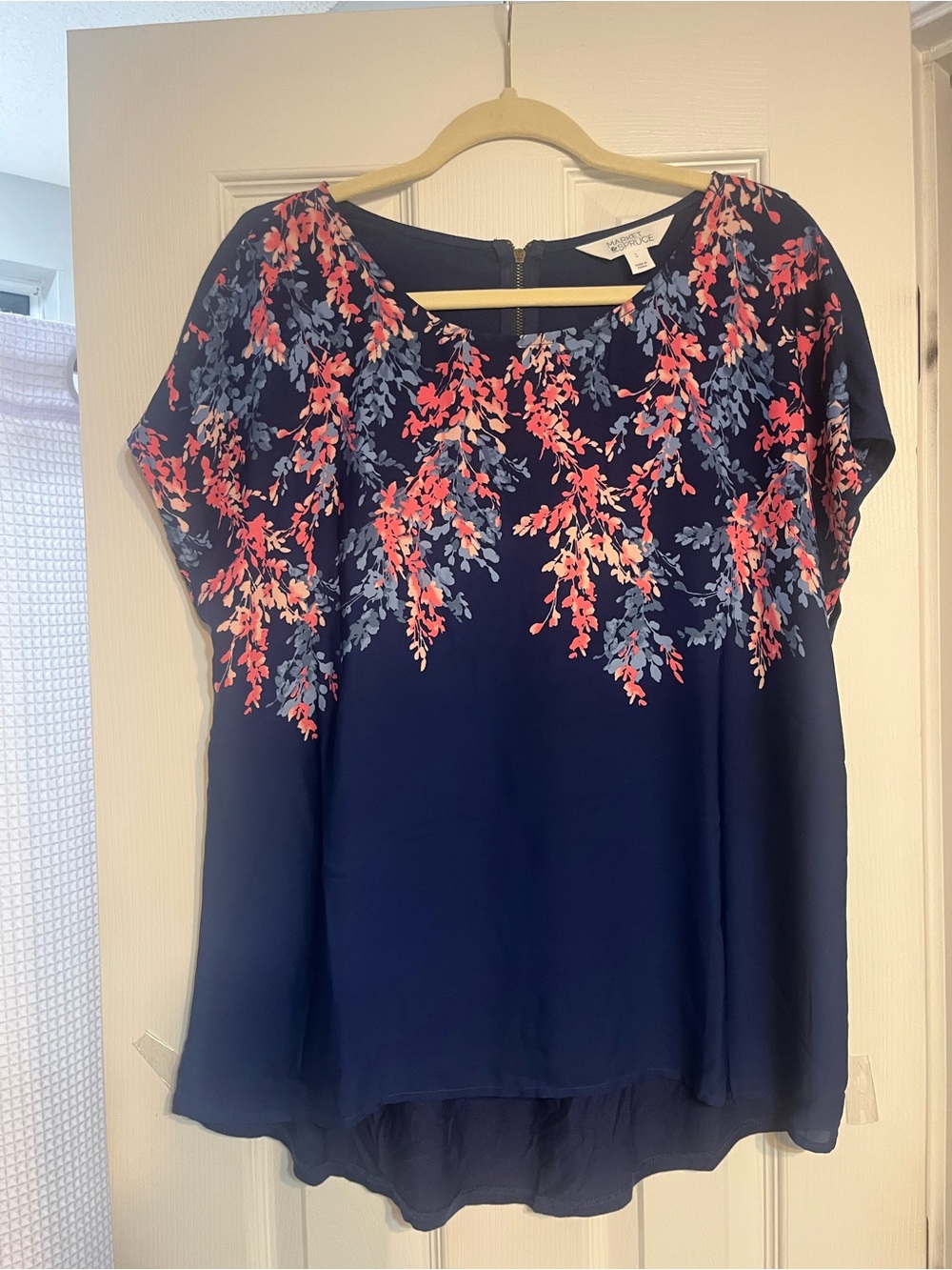 Market & Spruce Navy Blouse with Pink and Light Blue Floral Print